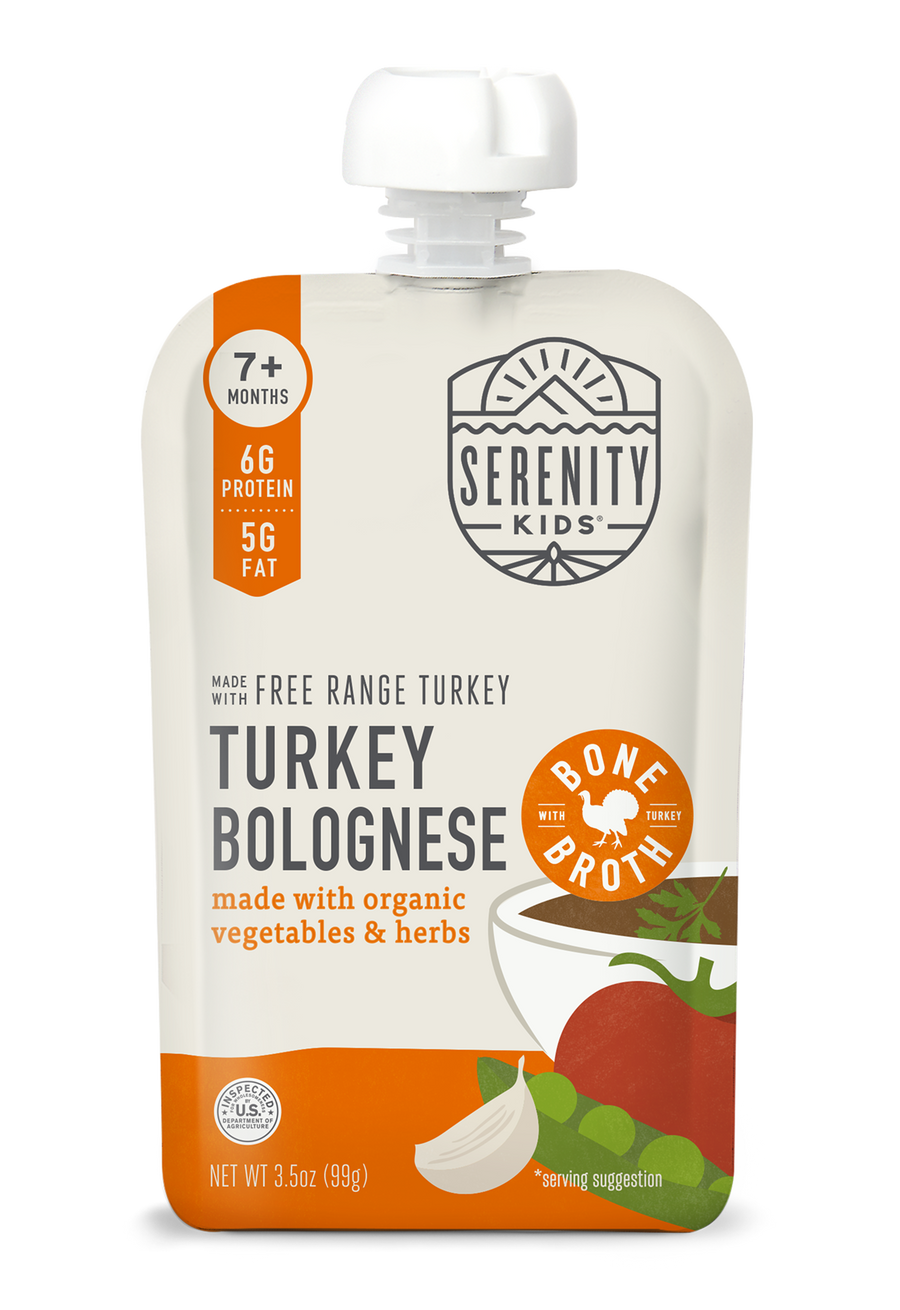 Serenity Kids Turkey Bolognese baby food pouch on a white background