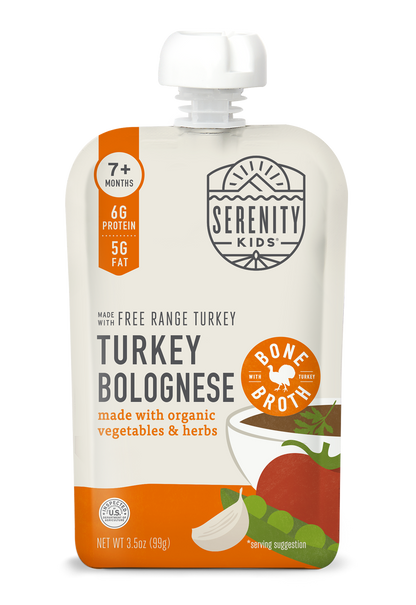 Serenity Kids Turkey Bolognese baby food pouch on a white background