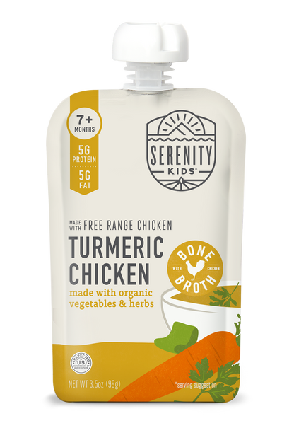Serenity Kids turmeric chicken baby food pouch on a white background