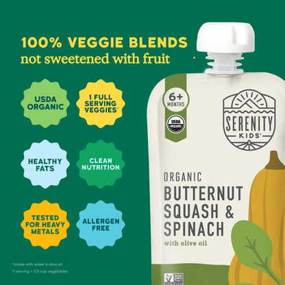 Serenity Kids organic butternut squash & spinach pouch with green background and product details.