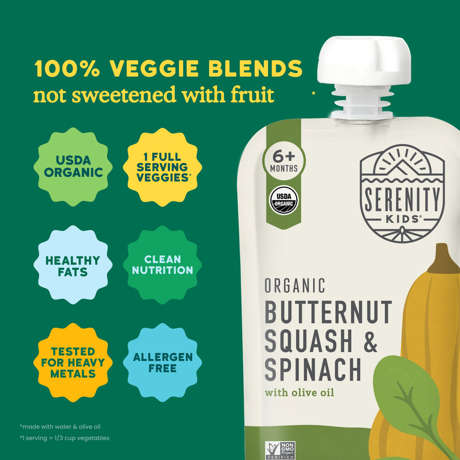 Serenity Kids organic butternut squash & spinach pouch with green background and product details.