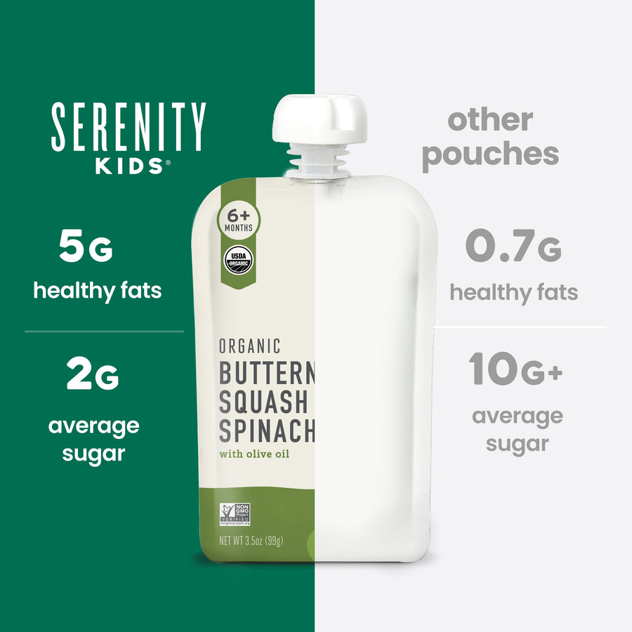 Serenity Kids organic butternut squash spinach pouch with comparison information on a green and white background