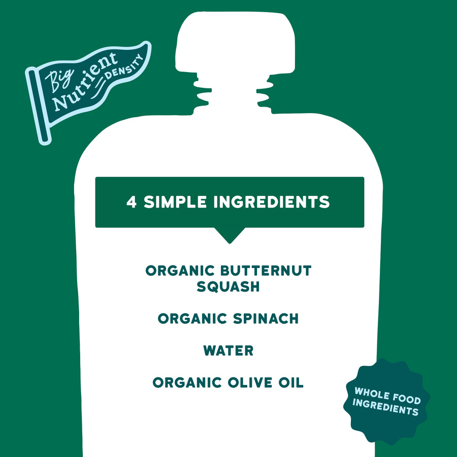 Butternut Squash and Spinach Silhouette of a food package with ingredients listed on a green background