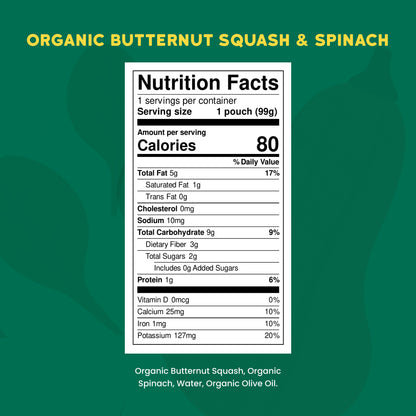 Nutrition facts label for organic butternut squash and spinach on a green background