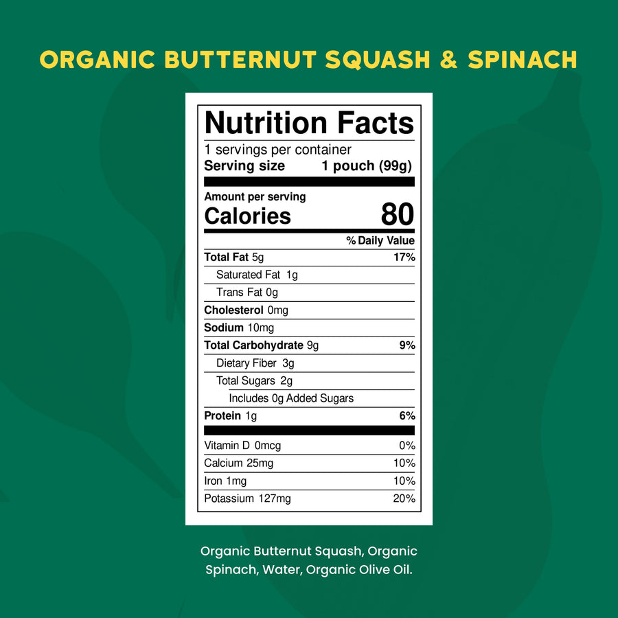 Nutrition facts label for organic butternut squash and spinach on a green background