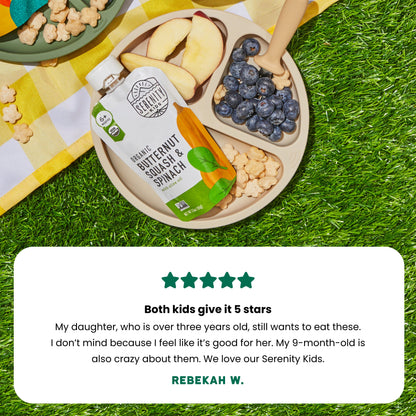 Serenity Kids Butternut squash and spinach food packaging on a plate with fruits and a five-star review from customer. 