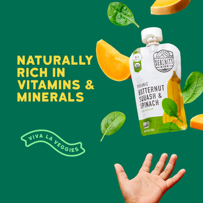 Serenity Kids organic butternut squash and spinach pouch with text on a green background