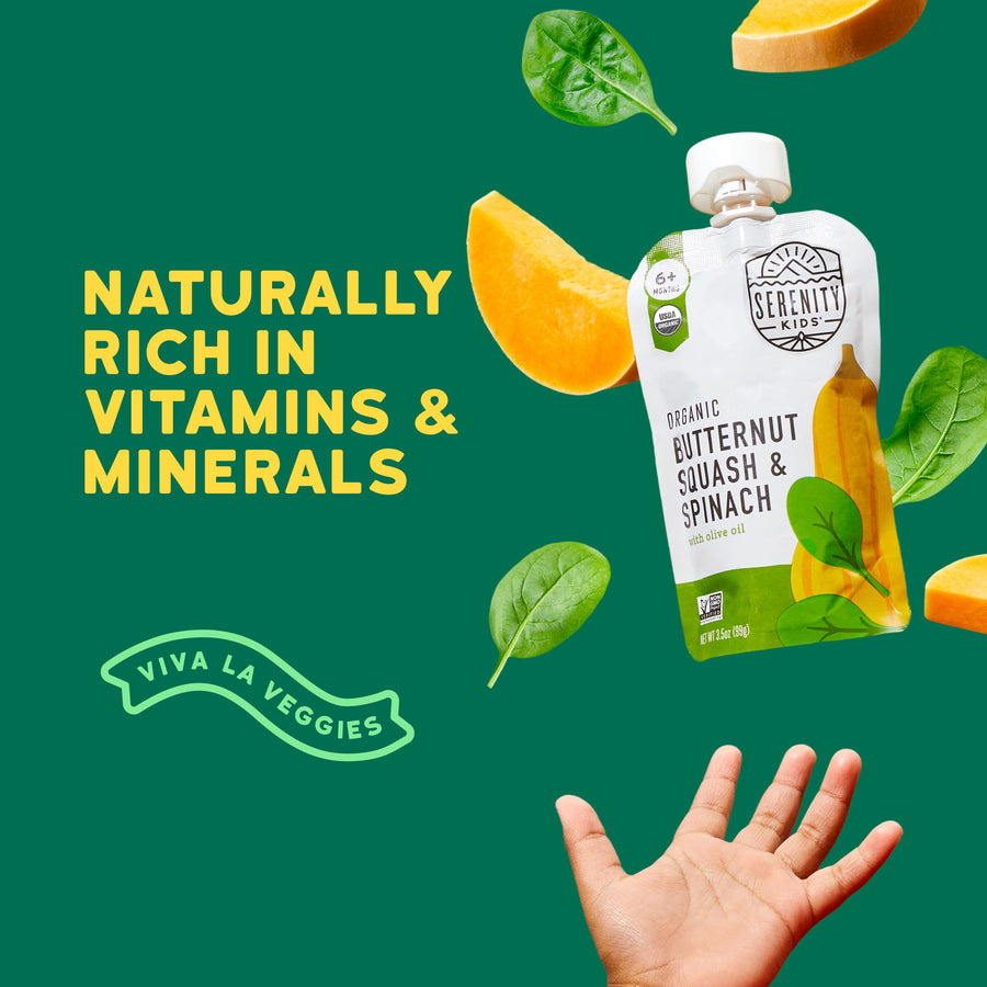 Serenity Kids organic butternut squash and spinach pouch with text on a green background