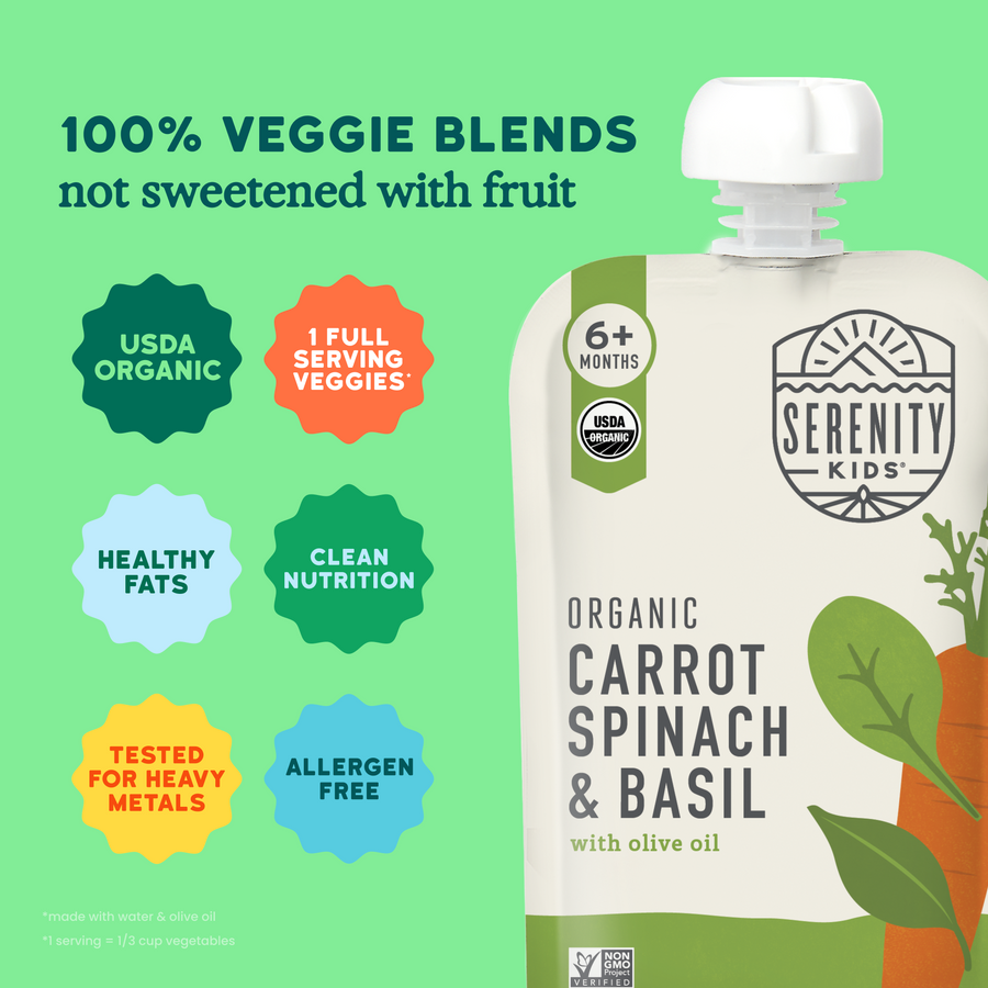 Serenity Kids organic carrot spinach & basil pouch with green background and feature icons.