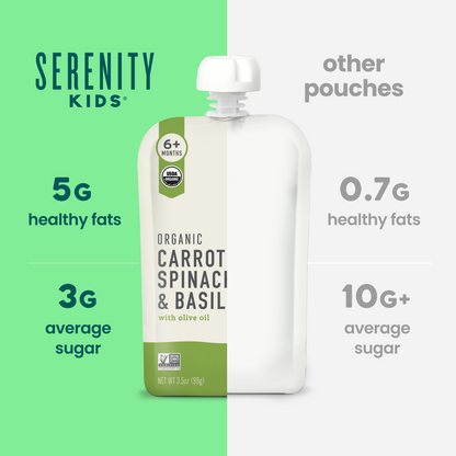 Serenity Kids organic carrot spinach & basil pouch with comparison information on a green and white background