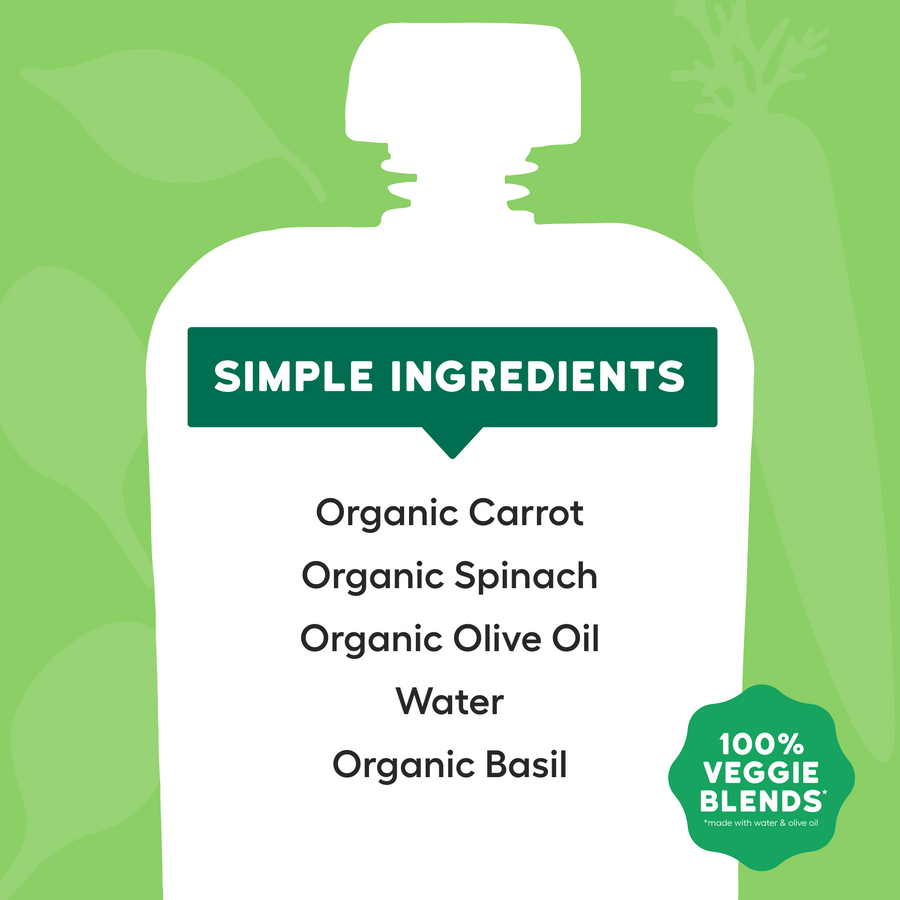 A white bottle-shaped graphic on a light green background with the text 'SIMPLE INGREDIENTS' and a list including Organic Carrot, Organic Spinach, Organic Olive Oil, Water, and Organic Basil. A green badge at the lower right says '100% VEGGIE BLENDS'.