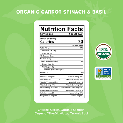 A digital graphic displaying a Nutrition Facts label for a 1 pouch (90g) of Organic Carrot Spinach & Basil. The label is centered on a light green background with subtle leaf patterns, featuring text that lists the ingredients and two certification logos on the right: USDA Organic and Non-GMO Project Verified.