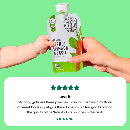 Serenity Kids organic baby food pouch being held by two hands against a green background with a five-star rating and customer review.
