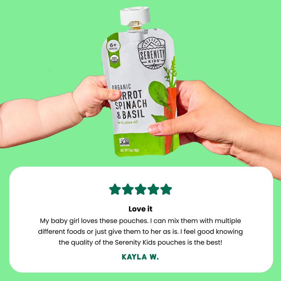 Serenity Kids organic baby food pouch being held by two hands against a green background with a five-star rating and customer review.