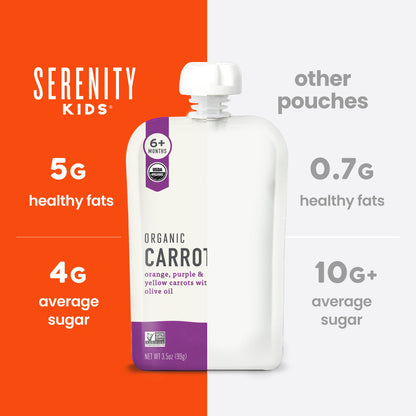 Serenity Kids organic carrot pouch with comparison information on a orange and white background