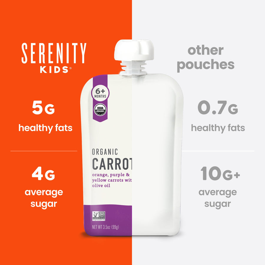 Serenity Kids organic carrot pouch with comparison information on a orange and white background