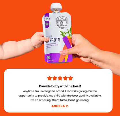 Serenity Organic Carrots pouch being handed to a child against an orange background with a five-star rating and review.