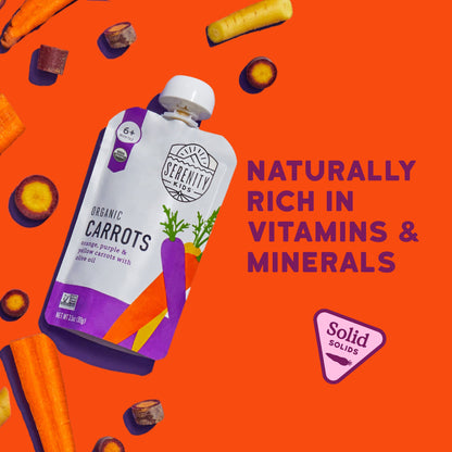 Serenity Kids organic carrots packaging on an orange background with carrots around it.