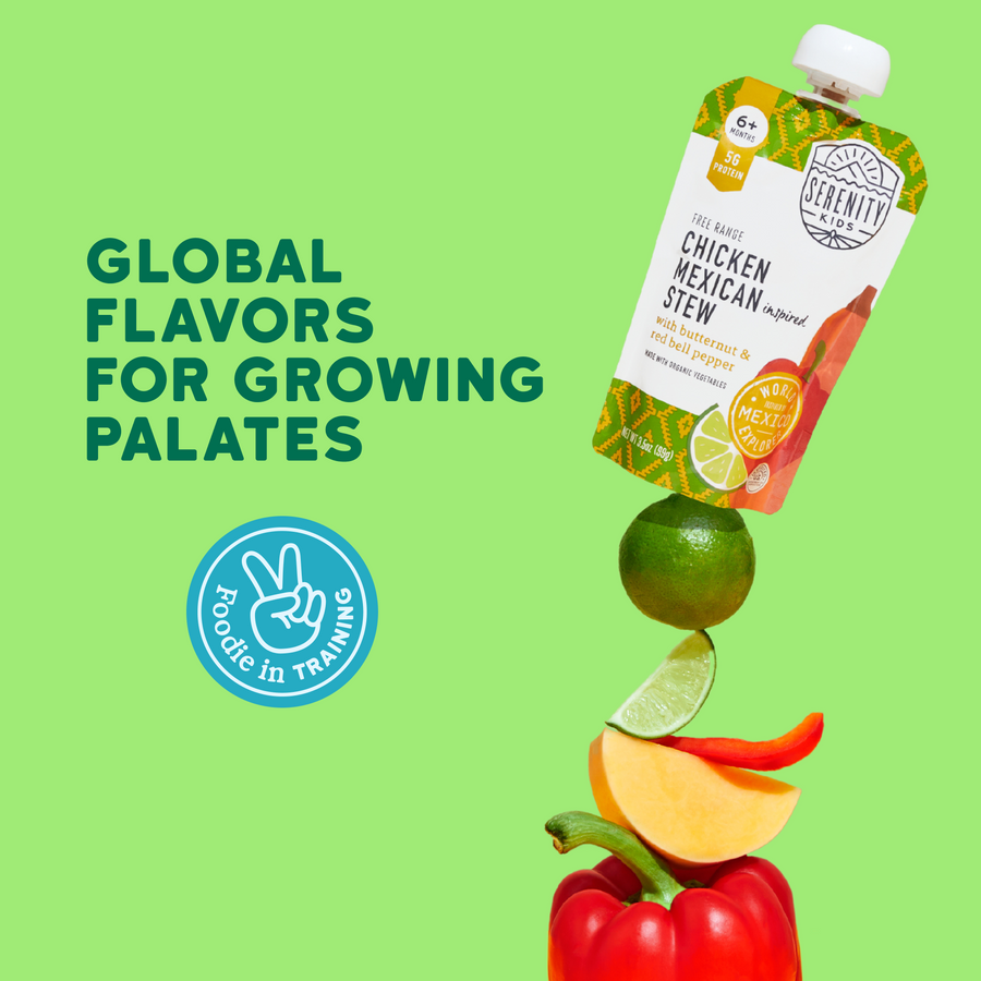 Serenity Kids food pouch with ingredients on a green background