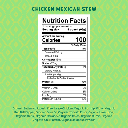 Nutrition facts label for Chicken Mexican Stew on a green patterned background