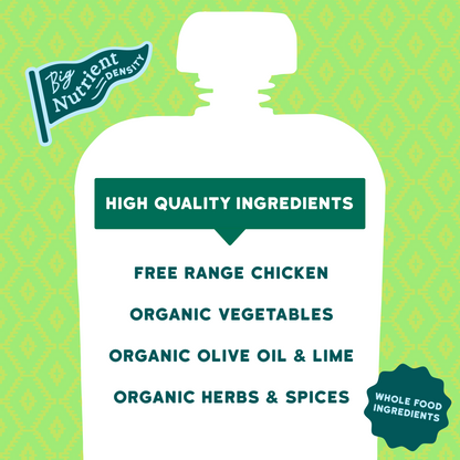 Chicken Mexican Stew Product packaging with text about high-quality ingredients on a green background