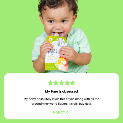 Child holding a package with a five-star rating and review text on a green background