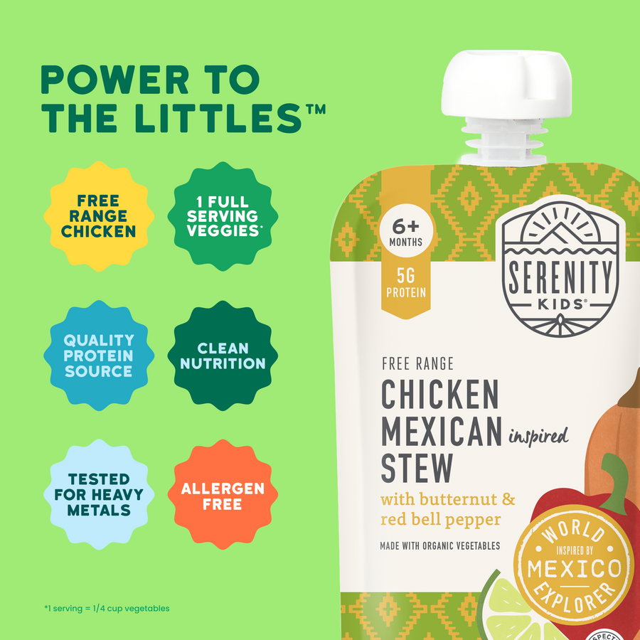 Serenity Kids chicken Mexican stew packaging with green background and product details.