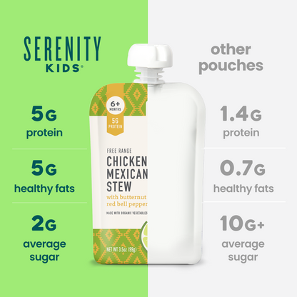 Serenity Kids chicken Mexican stew pouch with comparison information on a green and white background