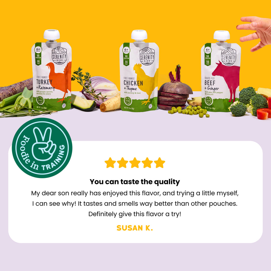 Three packages of Serenity Kids baby food with a five-star rating and customer review on a yellow and purple background.