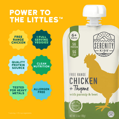 Serenity Kids free range chicken and thyme pouch with product features on a yellow background