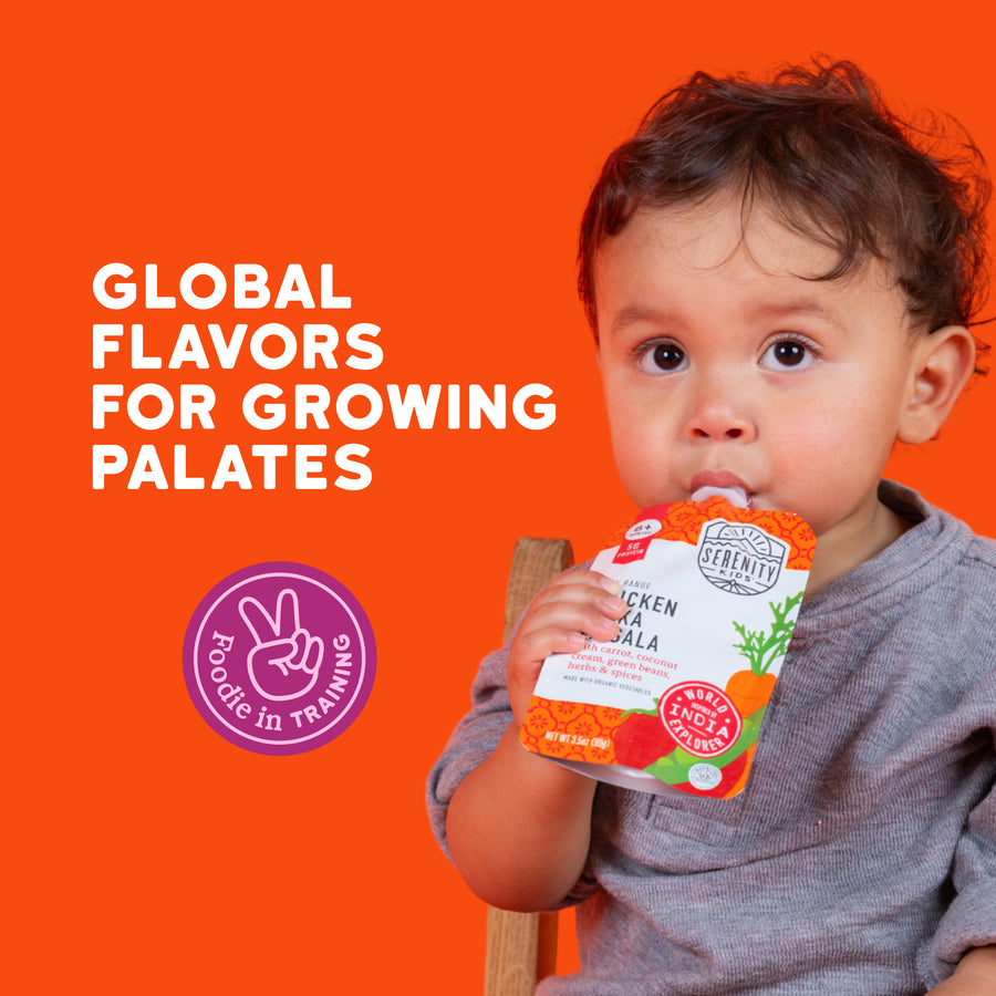 Child holding a baby food pouch with text 'Global Flavors for Growing Palates' on an orange background