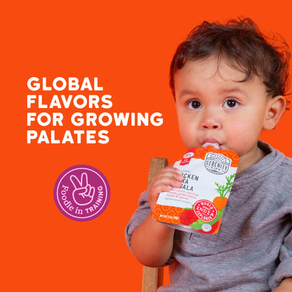 Child holding a baby food pouch with text 'Global Flavors for Growing Palates' on an orange background