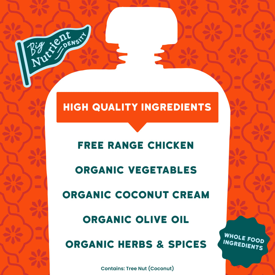 Chicken Tikka Masala Product packaging with ingredients listed on an orange background