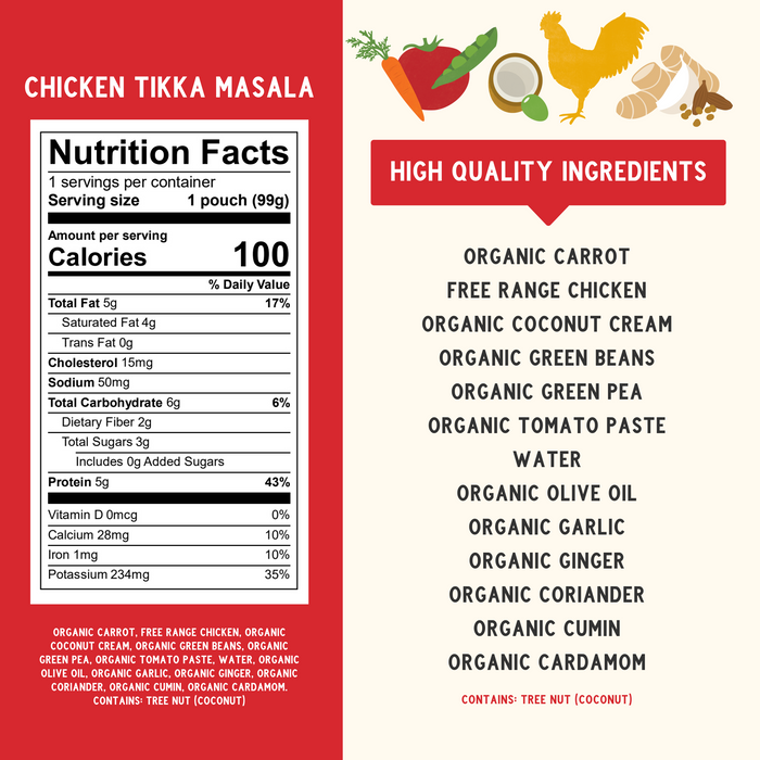 Tantalize baby's taste buds with our Chicken Tikka Masala baby food, a flavorful blend of tender chicken for baby, creamy tomato sauce & a touch of Indian spice