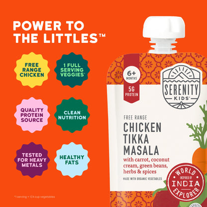 Serenity Kids Chicken Tikka Masala packaging with product details on an orange background