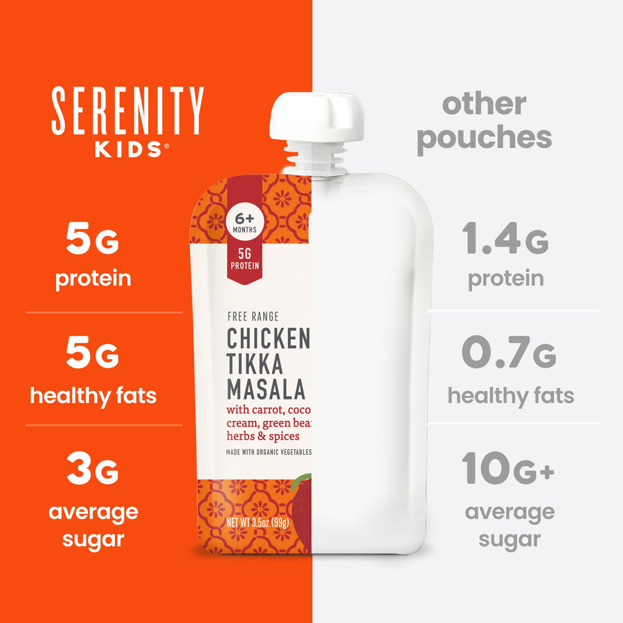 Serenity Kids food pouch with comparison information on an orange and white background