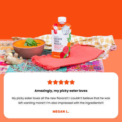 Chicken Tikka Masala baby food pouch on a colorful tablecloth with a five-star rating and customer review.