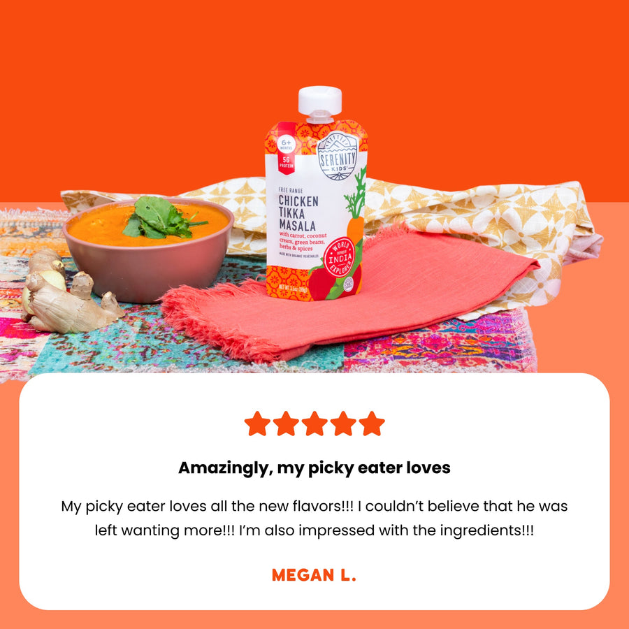 Chicken Tikka Masala baby food pouch on a colorful tablecloth with a five-star rating and customer review.