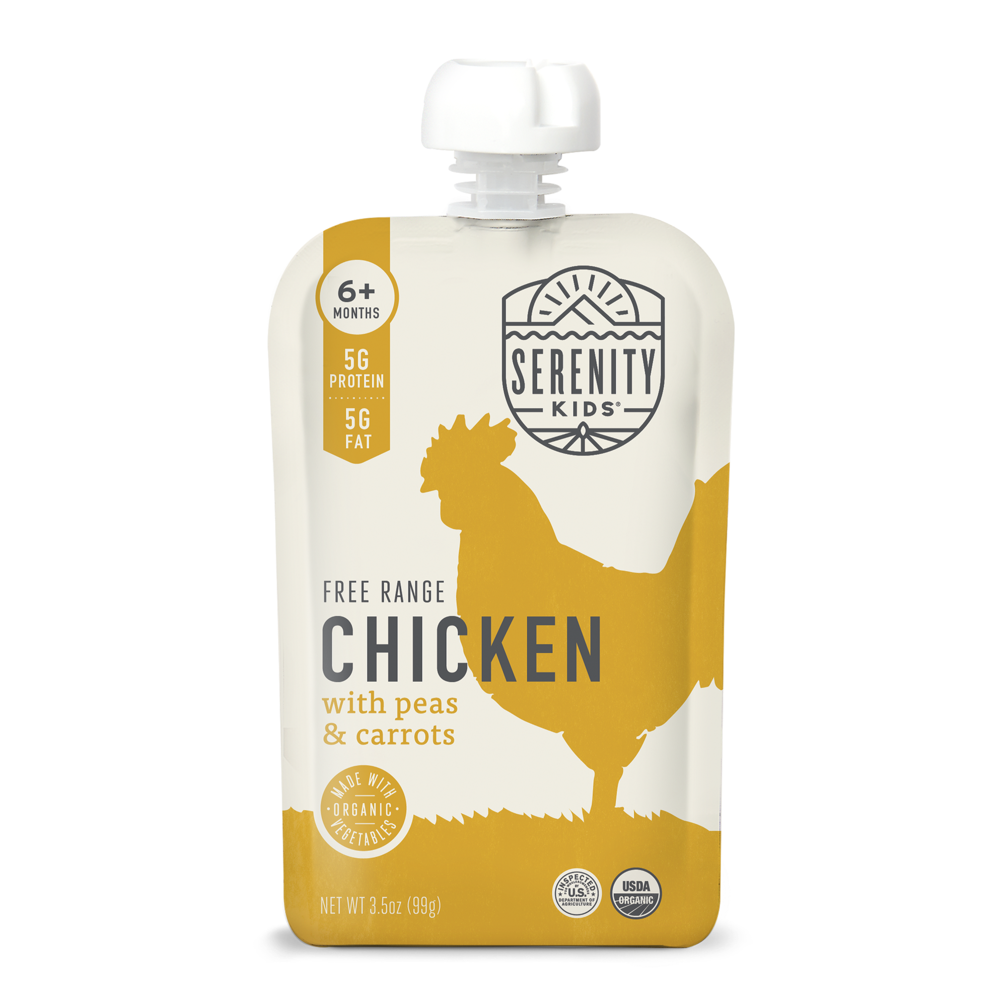 Serenity Kids free range chicken with peas and carrots food pouch on a white background