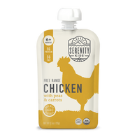 Serenity Kids free range chicken with peas and carrots food pouch on a white background