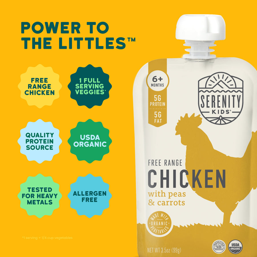 Serenity Kids free range chicken pouch with product features on a yellow background
