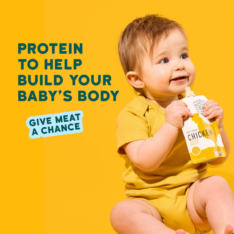 Child holding a baby food container with text about protein and meat on a yellow background