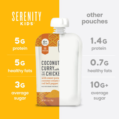 Serenity Kids coconut curry with chicken pouch on a yellow and white background with comparison information.