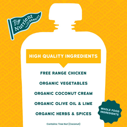 Coconut Curry with Chicken Product label with 'Big Nutrient Density' branding and list of ingredients on a yellow background