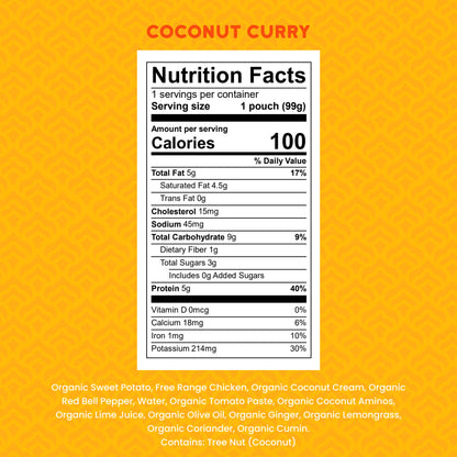 Nutrition facts label for coconut curry on a yellow background