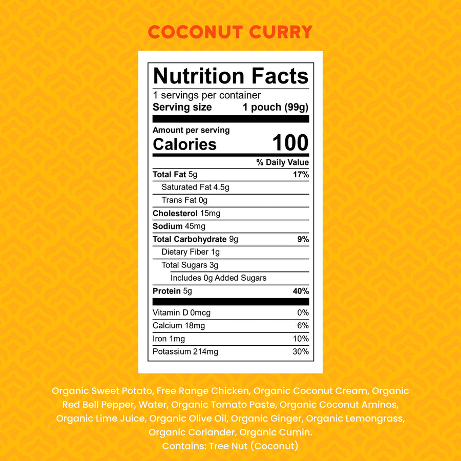 Nutrition facts label for coconut curry on a yellow background