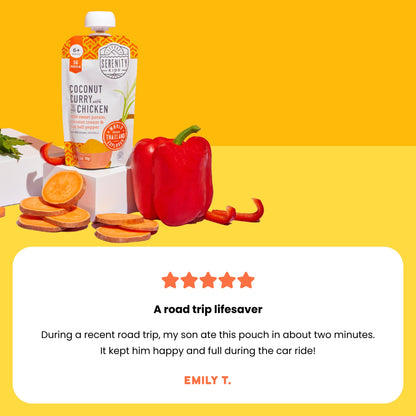 Serenity coconut curry pouch with a red bell pepper, sweet potato, and carrot on a yellow background with customer review.