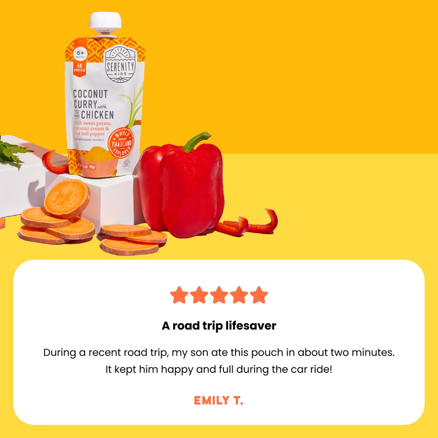 Serenity coconut curry pouch with a red bell pepper, sweet potato, and carrot on a yellow background with customer review.
