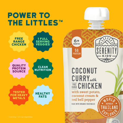 Serenity Kids coconut curry with chicken pouch on a yellow background with product features listed.