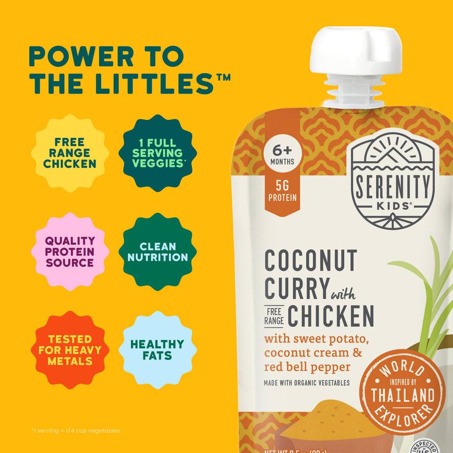 Serenity Kids coconut curry with chicken pouch on a yellow background with product features listed.